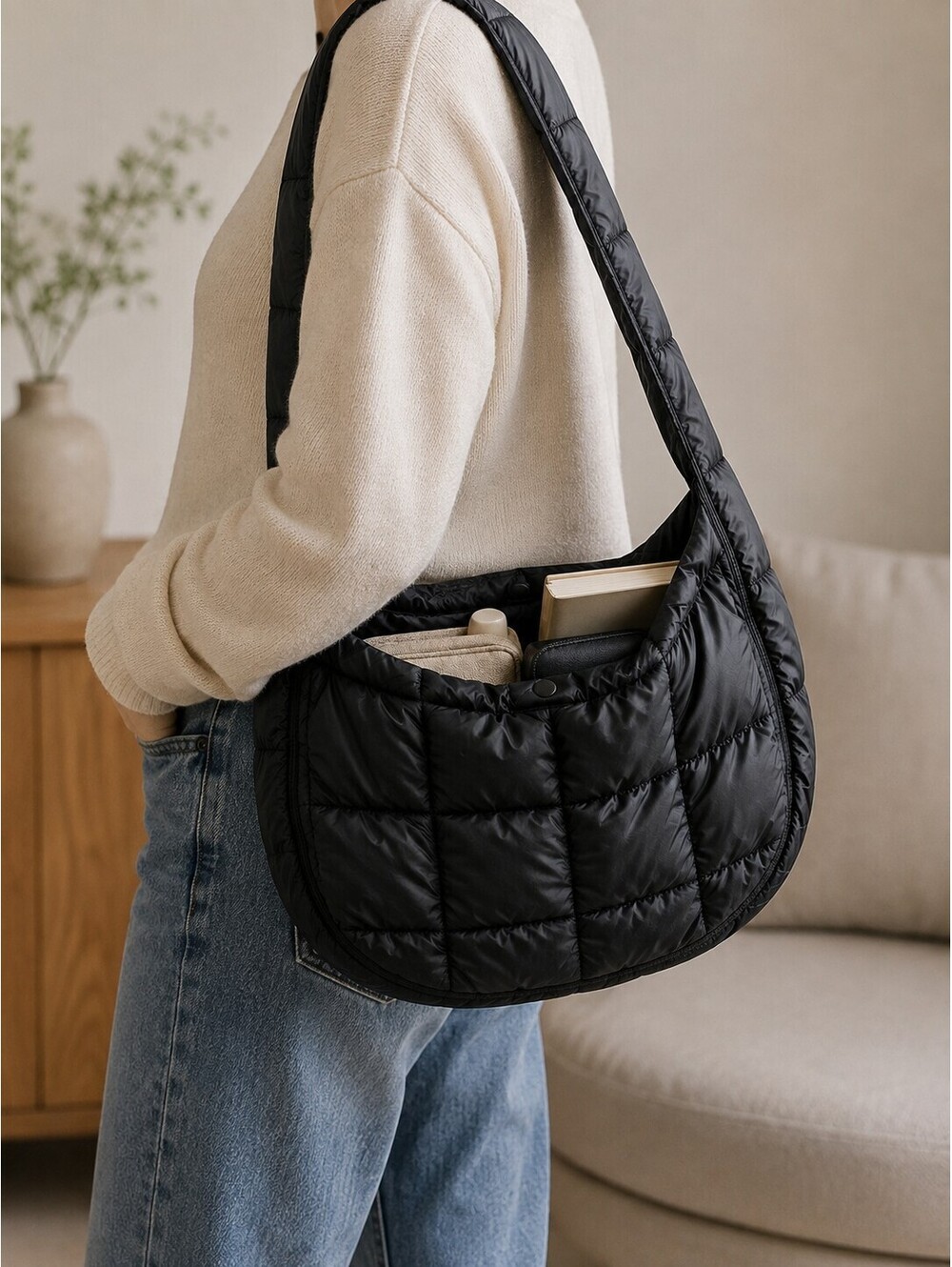 Black Quilted Puffer Cross Body Shoulder Bag with Zipper and Snap Closures